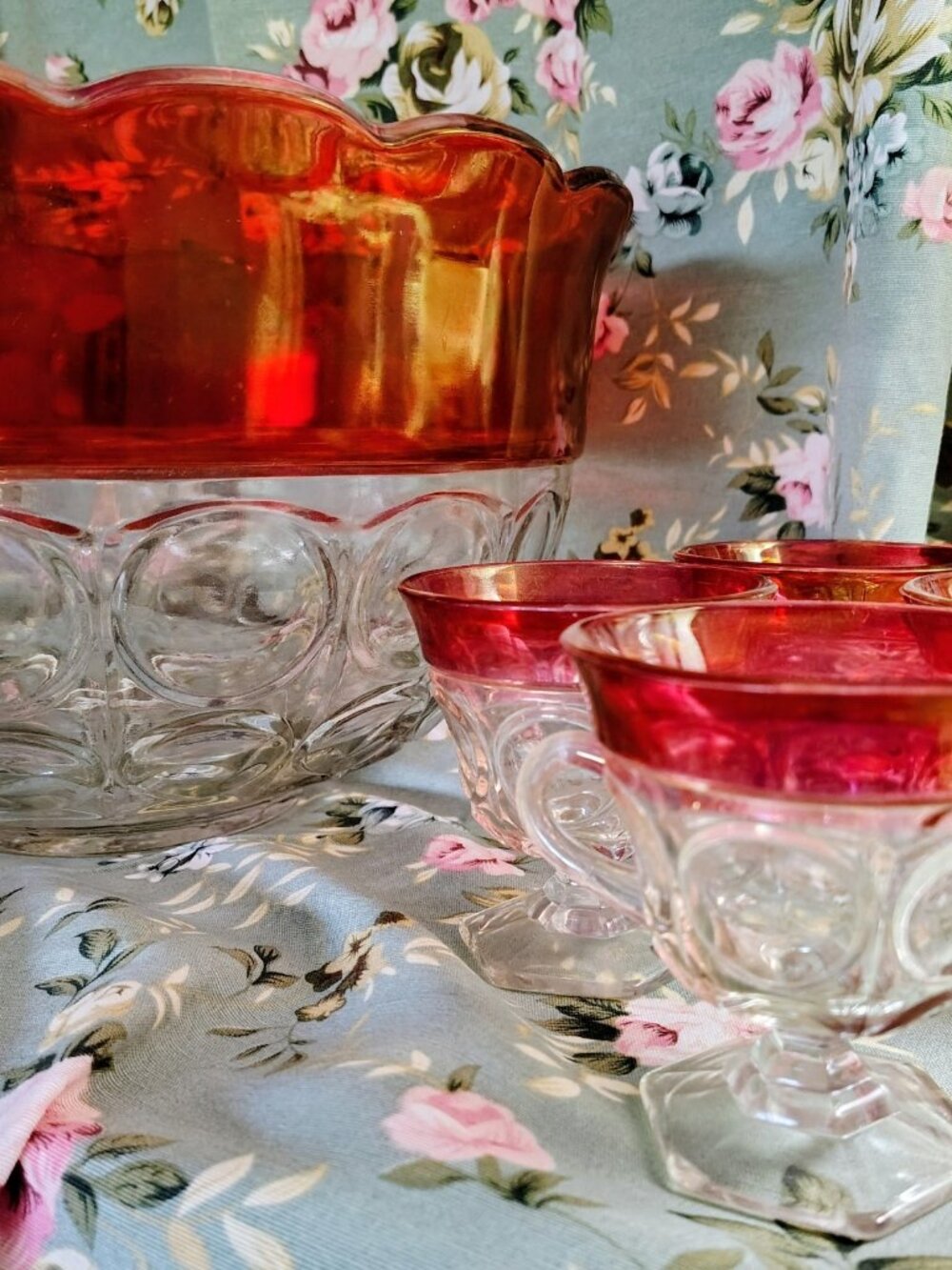 Vintage 1960s Indiana Glass Company Cranberry Red Glass Bowl, 11 Glasses, Set